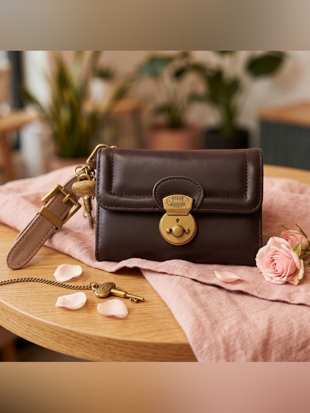 Steve Madden Bjema Cocoa Wallet Wristlet Key Charm Brown Gold NWT